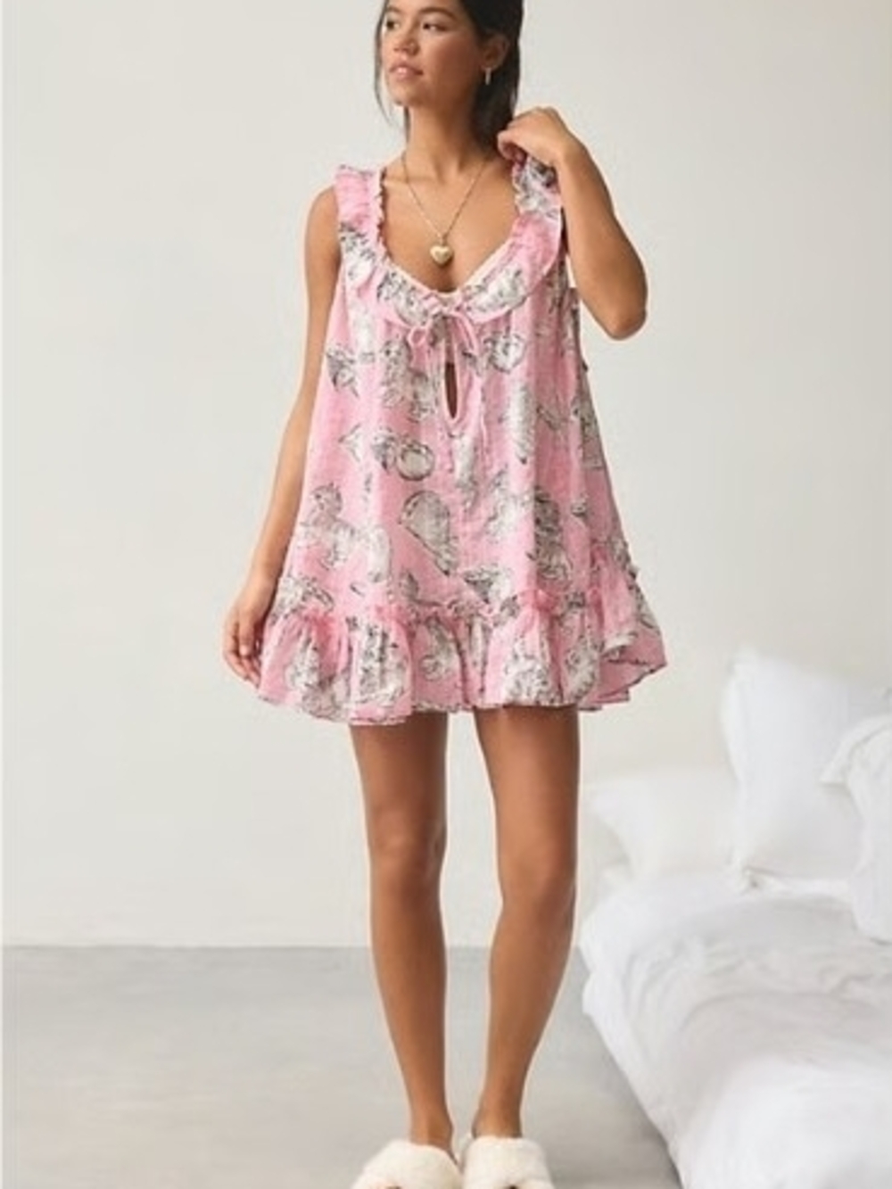 Lover Letters Ruffle Trim Babydoll Sleep Dress in the Kitten Love Cotton Print